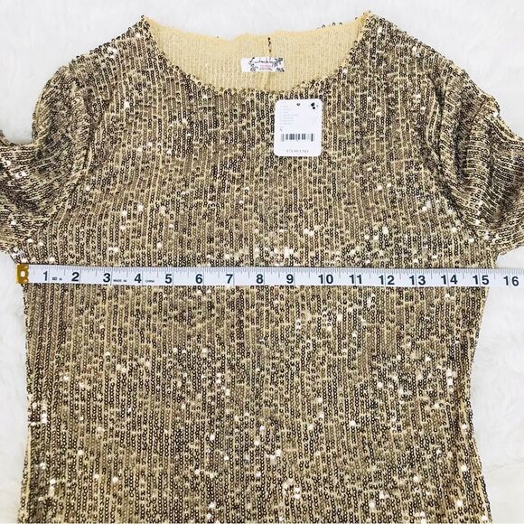 FREE PEOPLE Gold Rush Sequin Long Sleeve Top Tee Metallic Party Size Small New - Picture 11 of 12